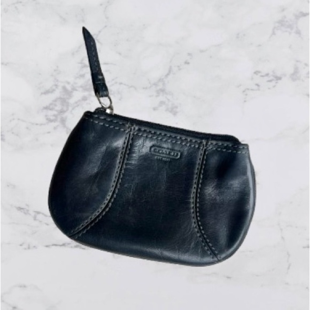 Coach Black Leather Coin Purse Key Pouch Zip Mini Wallet - Picture 2 of 6
